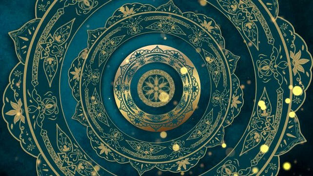 Ornate blue and gold mandala pattern with floating particles, animated radial symmetry for luxury branding or meditation background