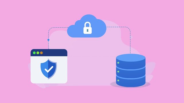 Flat vector animation showing cloud security with a protected browser, lock icon, and database server on a soft pink background.