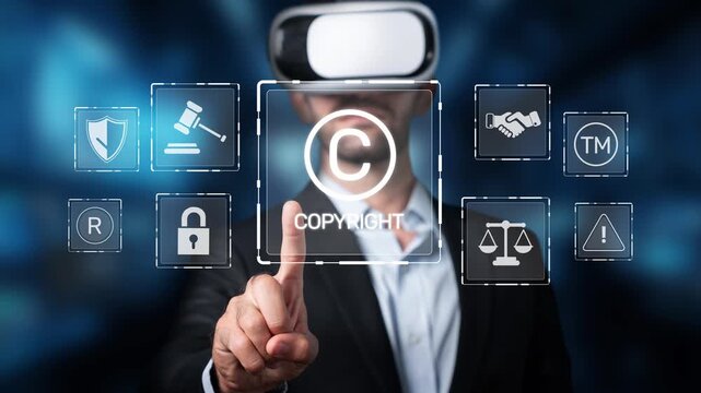 A businessman in a virtual reality headset interacts with copyright symbols and legal icons, showcasing innovation in digital content protection and intellectual property management. Raster