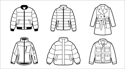 Set of outline illustrations showing various winter jackets and coats © MdAzharul