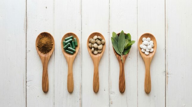 Five wooden spoons with various herbal supplements and fresh sage leaves isolated on white background