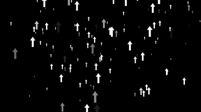 Multiple white upward rising arrows pattern on dark black background representing growth increase trend and financial boost on motion graphics animation concept.