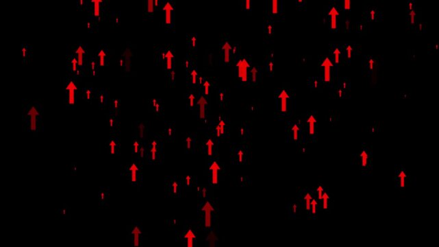 Multiple red upward rising arrows pattern on dark black background representing growth increase trend and financial boost on motion graphics animation concept.