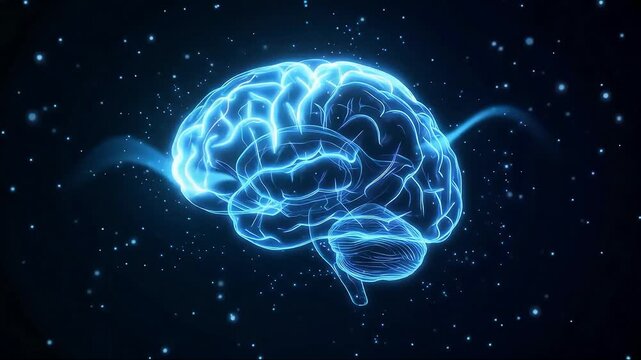 Glowing blue wireframe digital human brain model floating with neural network connections and particle effects