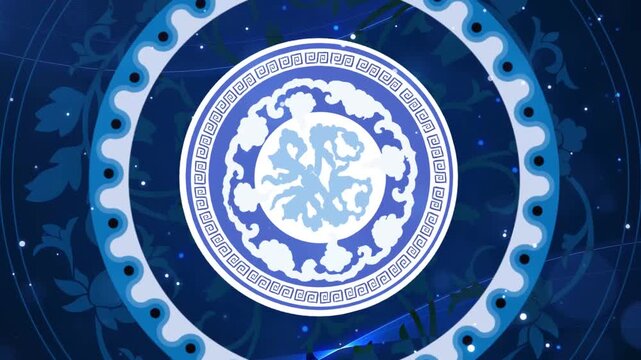 Blue and white porcelain-style circular emblem with cloud and floral motifs rotating on deep blue ornamental background