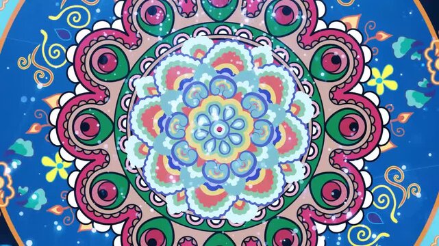 Colorful animated mandala pattern with swirling floral motifs and sparkling particles on deep blue background