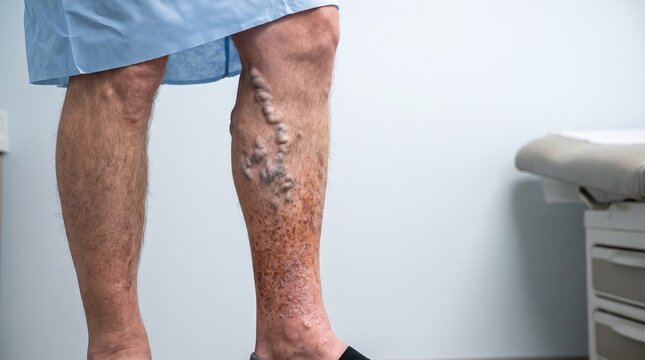 Close-Up of Severe Varicose Veins and Stasis Dermatitis on Patient Leg in Clinic