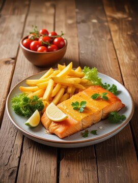 cod fillet fried with fresh salad and french fries on wooden table