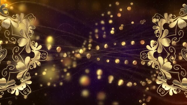 Golden ornate floral frame with floating bokeh particles and glowing light trails on dark gradient background