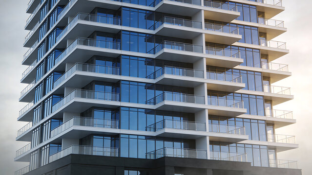 Modern high-rise apartment building with glass facade and staggered balconies under soft daylight