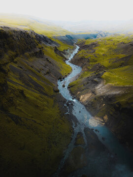 vertical travel copy space banner of river fossa close to Haifoss waterfall in Iceland