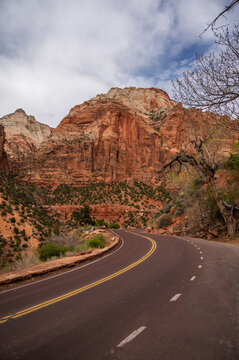 Scenic drive in Zion national park Utah. Vertical Travel and tourism banner