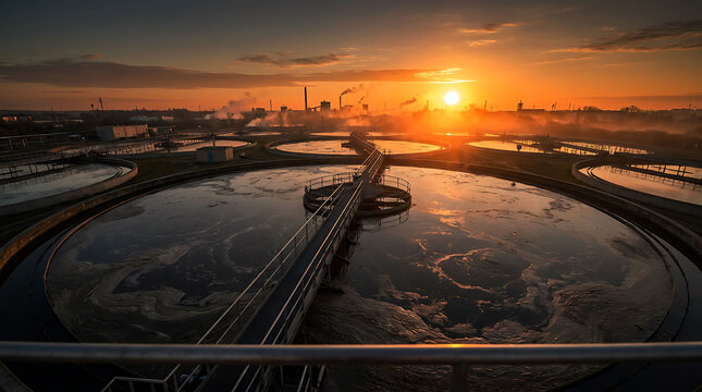 Industrial wastewater treatment plant at sunset with circular settling basins