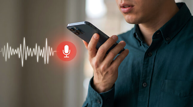 Man speaking into smartphone voice assistant with audio waveform graphic symbol