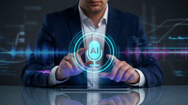 Businessman interacting with futuristic AI voice recognition interface technology