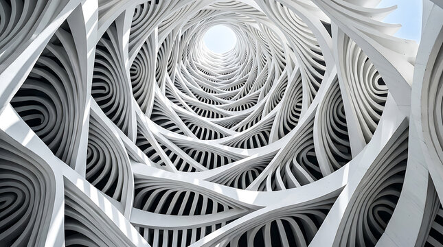 Abstract futuristic architectural spiral structure looking up towards bright sky