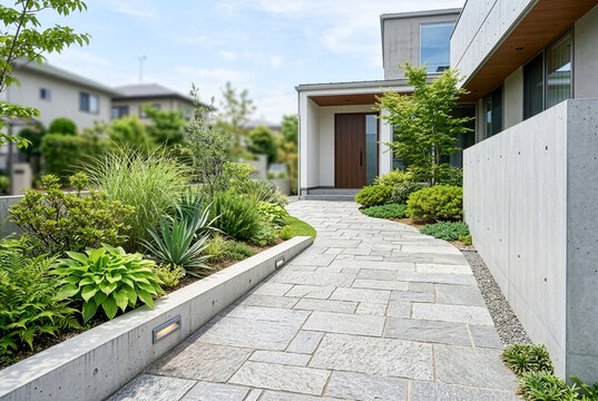 緑豊かな植栽と自然石のアプローチが美しい住宅玄関｜外構・エクステリア・庭のイメージ
