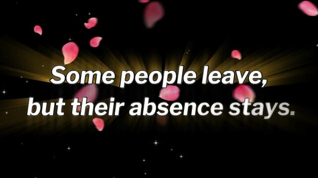 Text displaying an emotional quote about sadness and loss surrounded by floating pink flower petals on black.