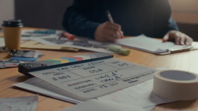 Close up of movie slate next to script, coffee cup and stationery on wooden office table, with filmmaker writing in blurred background