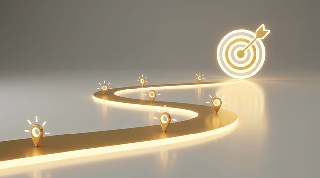 Road map to success with glowing path checkpoints leading to a business target
