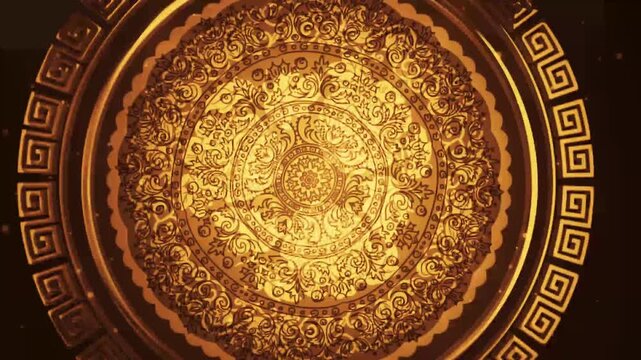 Ornate golden circular mandala ceiling with intricate floral and geometric patterns, warm ambient lighting, slow rotation