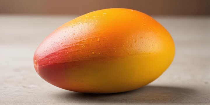A close-up of a ripe mango with a slight yellow tint and a few brown spots