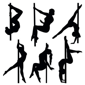Pole fitness silhouette set. Featuring women in aerial dance and pole poses for sport and studio graphics in black vector design.