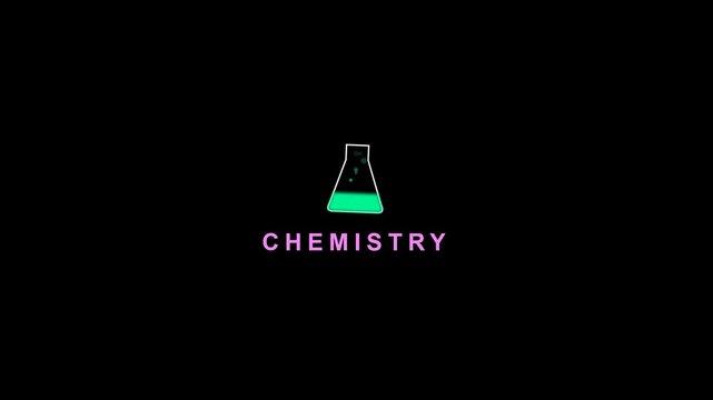 Scientific laboratory flask with green liquid and chemistry text