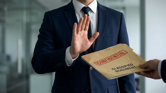 Businessman refusing to accept a confidential classified document in office