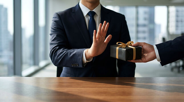 Professional refusing gift or bribe in corporate office environment interior
