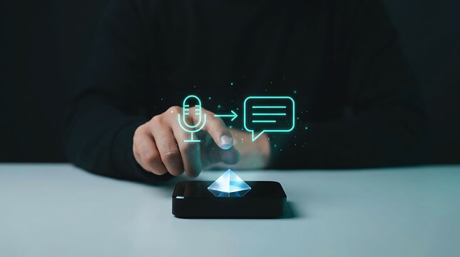 Person using voice to text speech recognition AI holographic interface technology