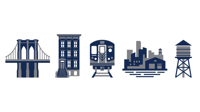 New York City urban icons set, navy blue flat vector city landmarks, subway train and brownstone building illustrations, metropolitan skyline graphics