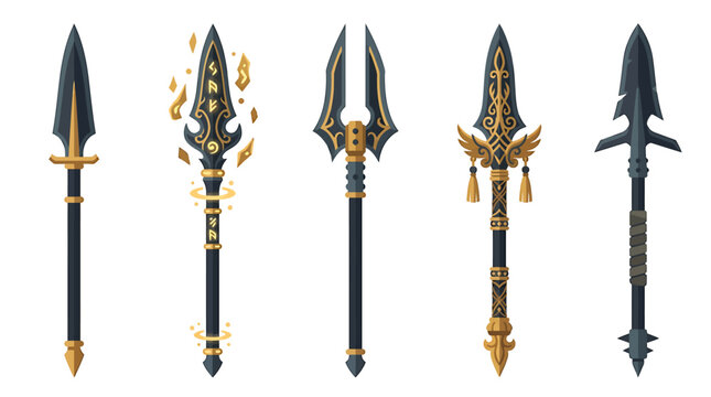 Fantasy spear weapon set, 5 ornate medieval polearm icons, magical gold and black spearhead vector collection, rpg game assets