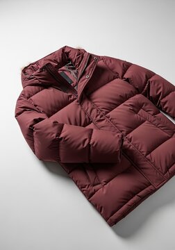 A maroon down jacket is displayed on a white surface. The jacket has a hood, a zipper, and a quilted texture.