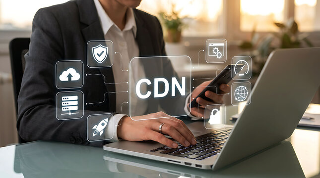 Professional working with CDN network technology and cloud computing system