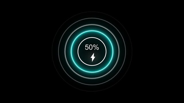 Glowing cyan neon fast battery charging indicator circle screen showing 36 percent energy power level on dark black background.