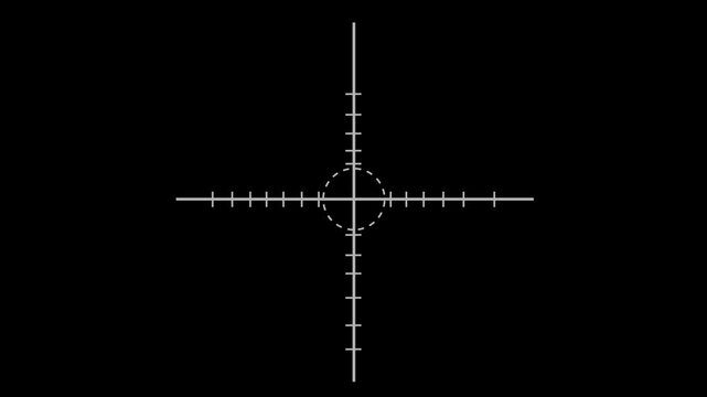 Minimalist sniper crosshair target reticle with graduated measurement markings and center dashed circle isolated on solid black background for military weapon aiming interface.