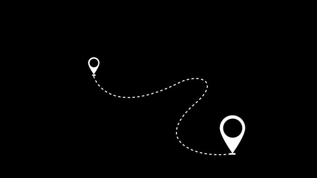 Minimalist map navigation route with curved dashed path line and two white location pin pointers isolated on dark black background for GPS travel tracking and direction concept.