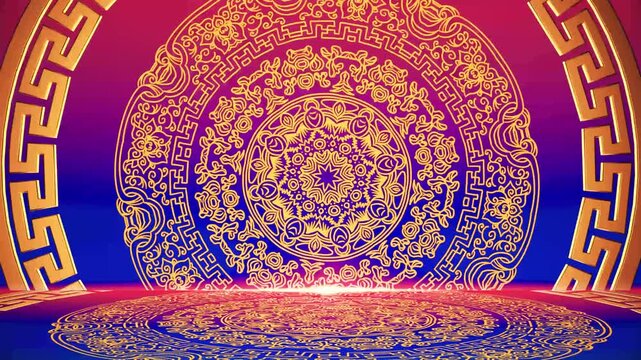 Golden ornate mandala pattern with Greek key borders on gradient purple-to-blue background, symmetrical decorative stage backdrop