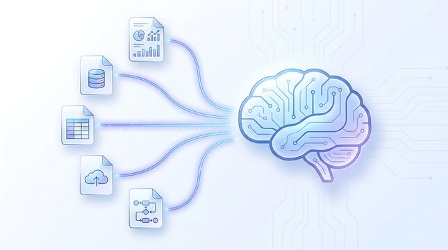 Data stream processing into brain model for intelligent business analytics and automated information systems in professional 3d isometric graphic style on light background
