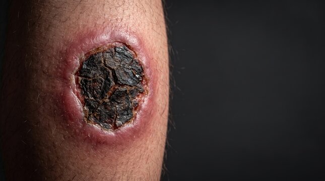 Large Black Necrotic Eschar and Ulcerated Wound on Human Leg Skin