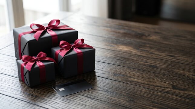 Black Friday gifts photo with dark present boxes and credit card on wooden table