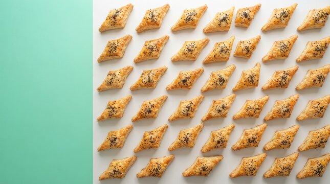 Many delicious puff pastry snacks arranged in a neat grid pattern on a white surface
