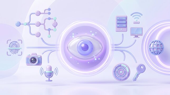 Cybersecurity surveillance concept with eye icon and digital security symbols for data protection and monitoring in advanced technological environment rendered in 3D isometric style