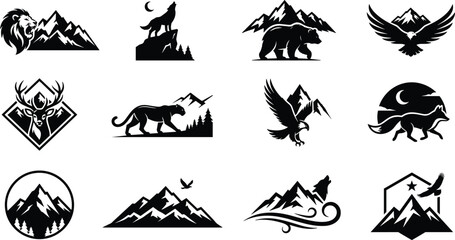 Fototapeta premium Mountain Wildlife Silhouette Collection with Bear, Deer, Wolf, Eagle, Mountain Goat, Boar, Peaks, Forest, and Outdoor Adventure Symbols