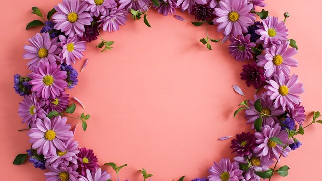 Purple aster flower wreath circular frame isolated on a peach pink background