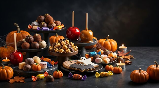 Delicious Halloween candy buffet with pumpkins, candied apples, chocolates, and cookies on a dark table