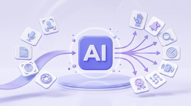 Artificial intelligence central processing unit icon with diverse digital interface nodes and data flow connections in a clean 3D render style for modern technology concept visualization