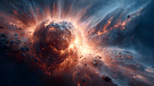 Dramatic explosion of asteroid impact in deep space with fiery debris and cosmic dust particles.
