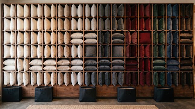 Pillows display retail shelves arrangement textile home decor store shopping interior merchandise